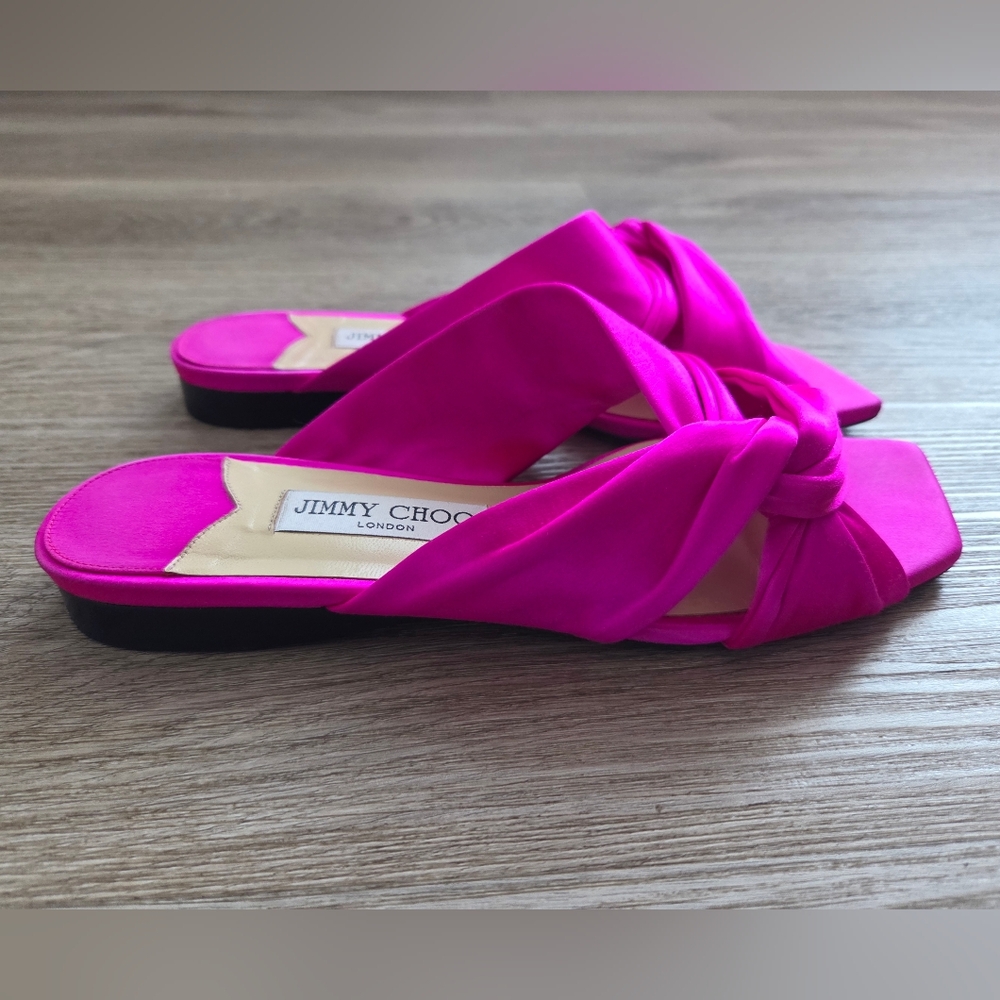 Jimmy Choo Hot Pink Satin Knot Slide Mules - Picture 2 of 7